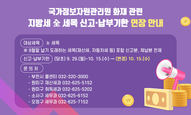 국가정보자원관리원 화재 관련 지방세 全 세목 신고·납부기한 연장 안내 ○ 대상세목: 全 세목 ※ 9월말 납기 도래하는 세목(재산세, 자동차세 등) 포함 신고분, 체납분 전체 ○ 신고·납부기한: (당초) 9. 29.(월)~10. 15.(수) → (변경) 10. 15.(수) ○ 문 의 처 - 부천시 콜센터 032-320-3000 - 원미구 재산세과 032-625-5152 - 원미구 취득세과 032-625-5202 - 소사구 세무과 032-625-6152 - 오정구 세무과 032-625-7152