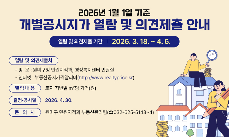 2026년 1월 1일 기준 개별공시지가 열람 및 의견제출 안내 열람 및 의견제출 기간 : 2026. 3. 18. ~ 2026. 4. 6. 열람 및 의견제출처 : - (방문) 원미구청 민원지적과, 행정복지센터 민원실 - (인터넷) 부동산공시가격알리미(http://www.realtyprice.kr) 열람내용 : 토지 지번별 ㎡당 가격(원) 결정‧공시일 : 2026. 4. 30. 문 의 처 : 원미구 민원지적과 부동산관리팀(☎032-625-5143~4) 