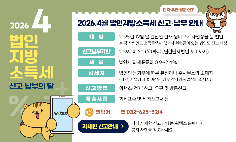 2026.4월 법인지방소득세 신고·납부 안내 대상 : 2025년 12월 말 결산일 현재 원미구에 사업장을 둔 법인 ※ 각 사업연도 소득금액이 없거나 결손금이 있는 법인도 신고 대상 신고납부기한: 2026. 4. 30.(목)까지 (연결납세법인 6. 1.까지) 세율: 법인세 과세표준의 0.9~2.4% 납세지: 법인의 등기부에 따른 본점이나 주사무소의 소재지 (다만, 사업장이 둘 이상인 경우 각각의 사업장의 소재지) 신고방법 : 위택스(전자)신고, 우편 및 방문신고 제출서류 : 과세표준 및 세액신고서 등 연락처: 032-625-5214 기타 자세한 신고 안내는 위택스 홈페이지 공지 사항을 참고하세요 자세한 신고안내 클릭시 위택스(www.wetax.go.kr) 홈페이지로 이동합니다. 