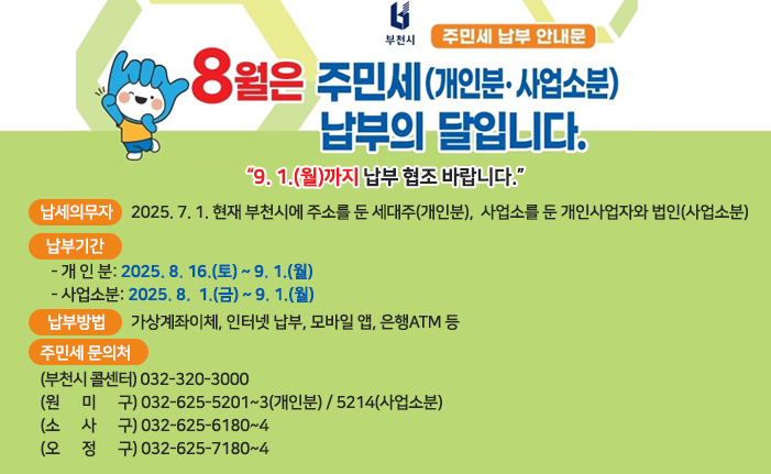 8월은 주민세 납부의 달입니다. “9. 1.(월)까지 납부 협조 바랍니다.” 󰏚 납세의무자: 2025. 7. 1. 현재 부천시에 주소를 둔 세대주(개인분), 사업소를 둔 개인사업자와 법인(사업소분) 󰏚 납부기간: - 개 인 분: 2025. 8. 16.(토) ~ 9. 1.(월) - 사업소분: 2025. 8. 1.(금) ~ 9. 1.(월) 󰏚 납부방법: 가상계좌이체, 인터넷 납부, 모바일 앱, 은행ATM 등 󰏚 주민세 문의처 〇 (부천시 콜센터) 032-320-3000 〇 (원 미 구) 032-625-5201~3(개인분) / 5214(사업소분) 〇 (소 사 구) 032-625-6180~4 〇 (오 정 구) 032-625-7180~4